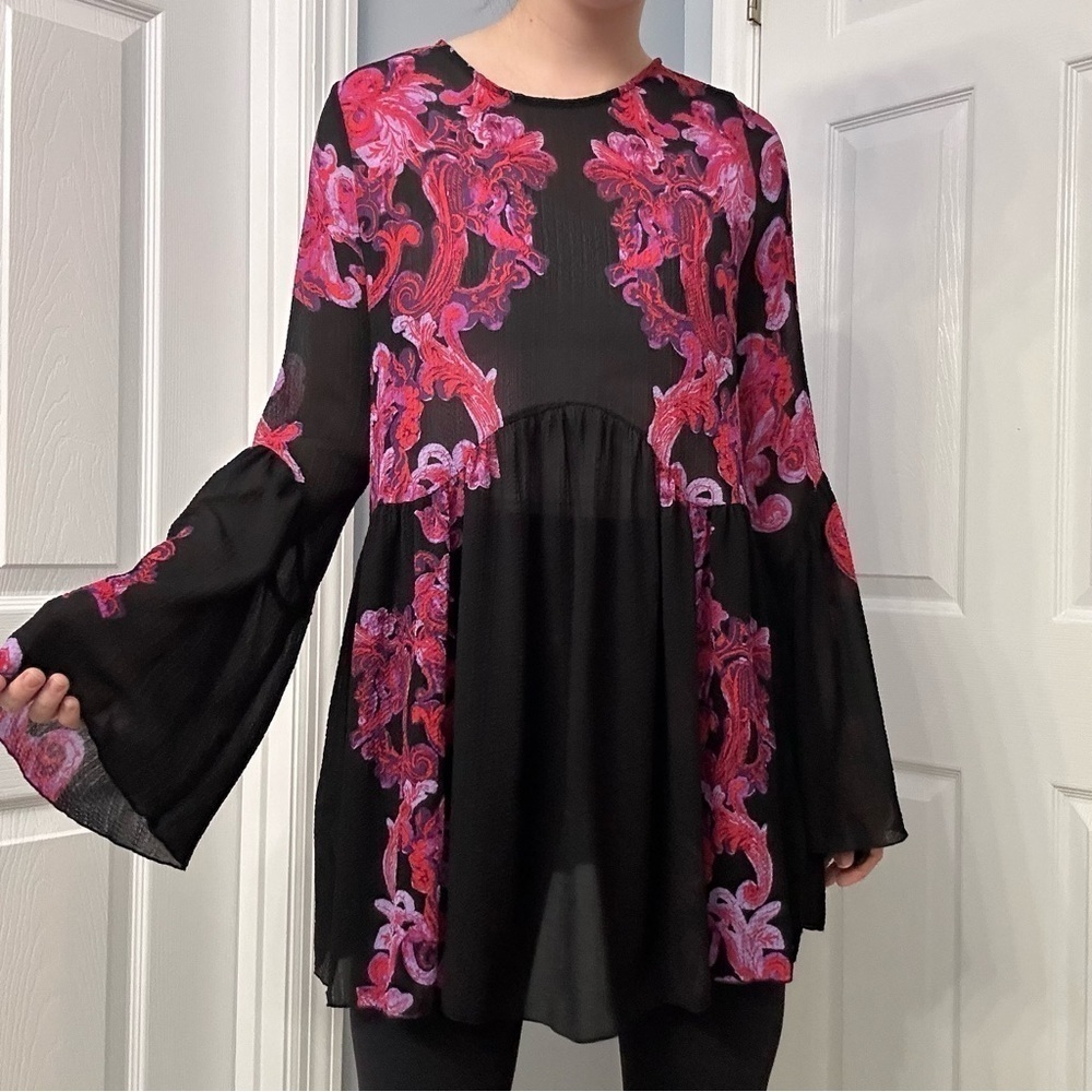 Free People Dress Tunic Sheer Mesh Floral Fairy Black Boho Size Extra Small